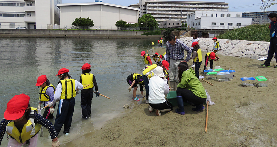 兵庫運河沿いの浜山小学校の３年生を対象に環境学習会が始まりました。